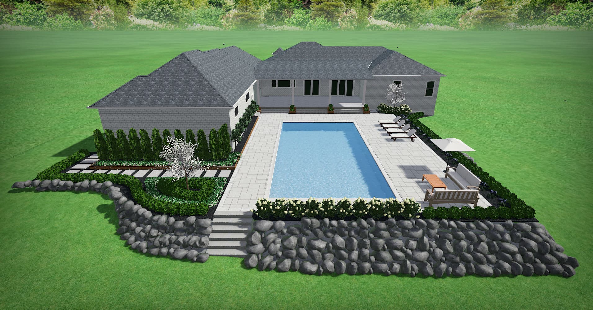 Brighton Backyard Design with Pool Patio and Boulder Retaining Wall image