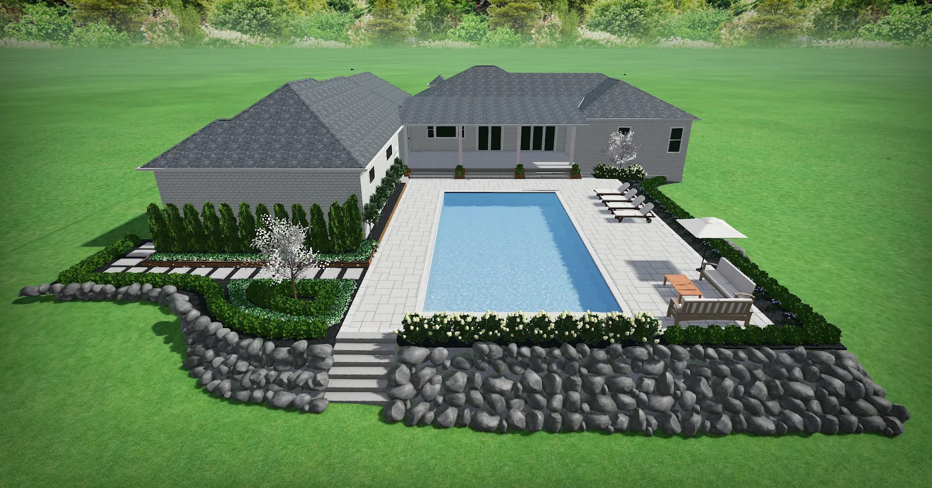 Project Brighton Backyard Design with Pool Patio and Boulder Retaining Wall image