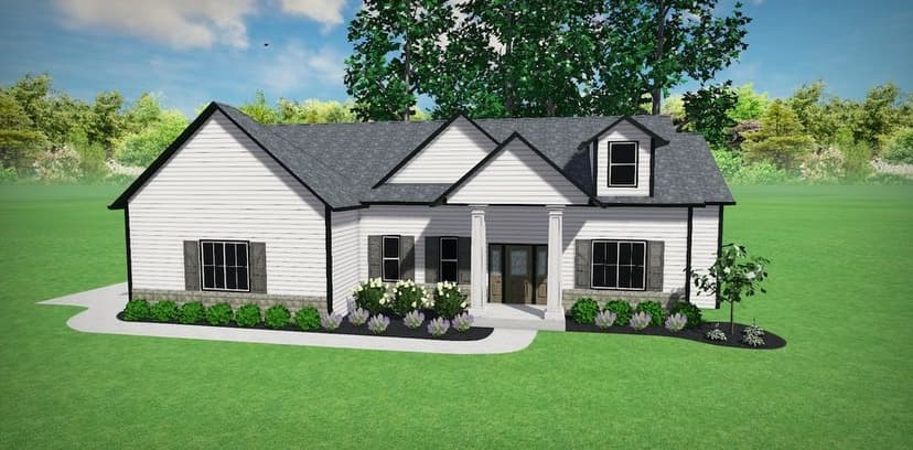 Modern single-story home design with white siding, black accents, and landscaped garden.