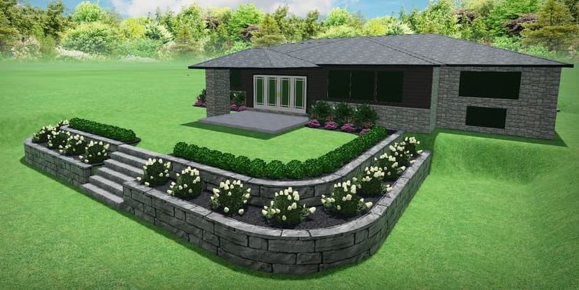Modern single-story home with stone accents, landscaped garden, and patio area.