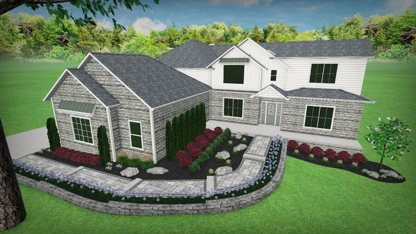 3D architectural rendering of a modern house with stone and siding exterior and landscaped garden.