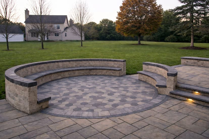 Modern outdoor stone seating area with hexagonal pavers in a landscaped backyard.