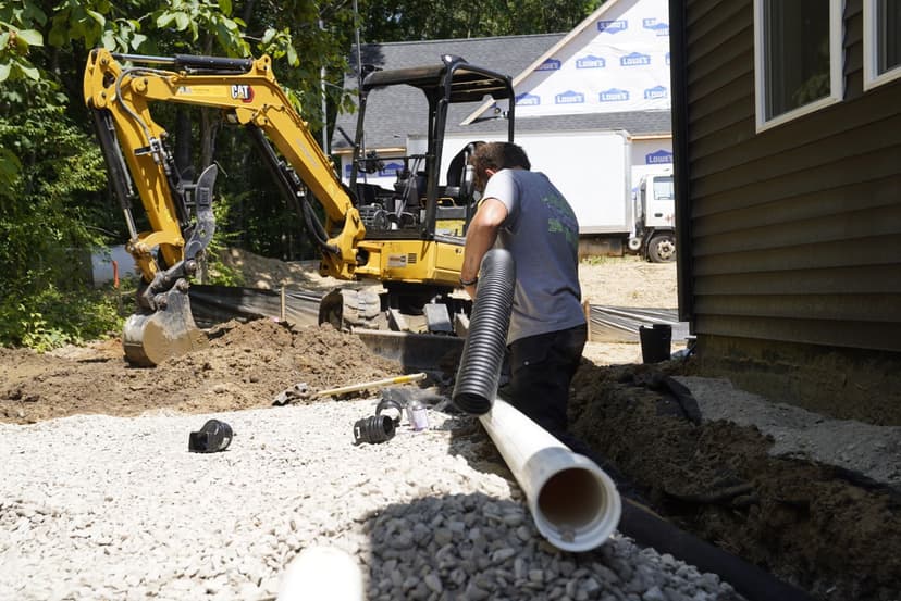 Construction worker using an excavator for landscaping and drainage installation.